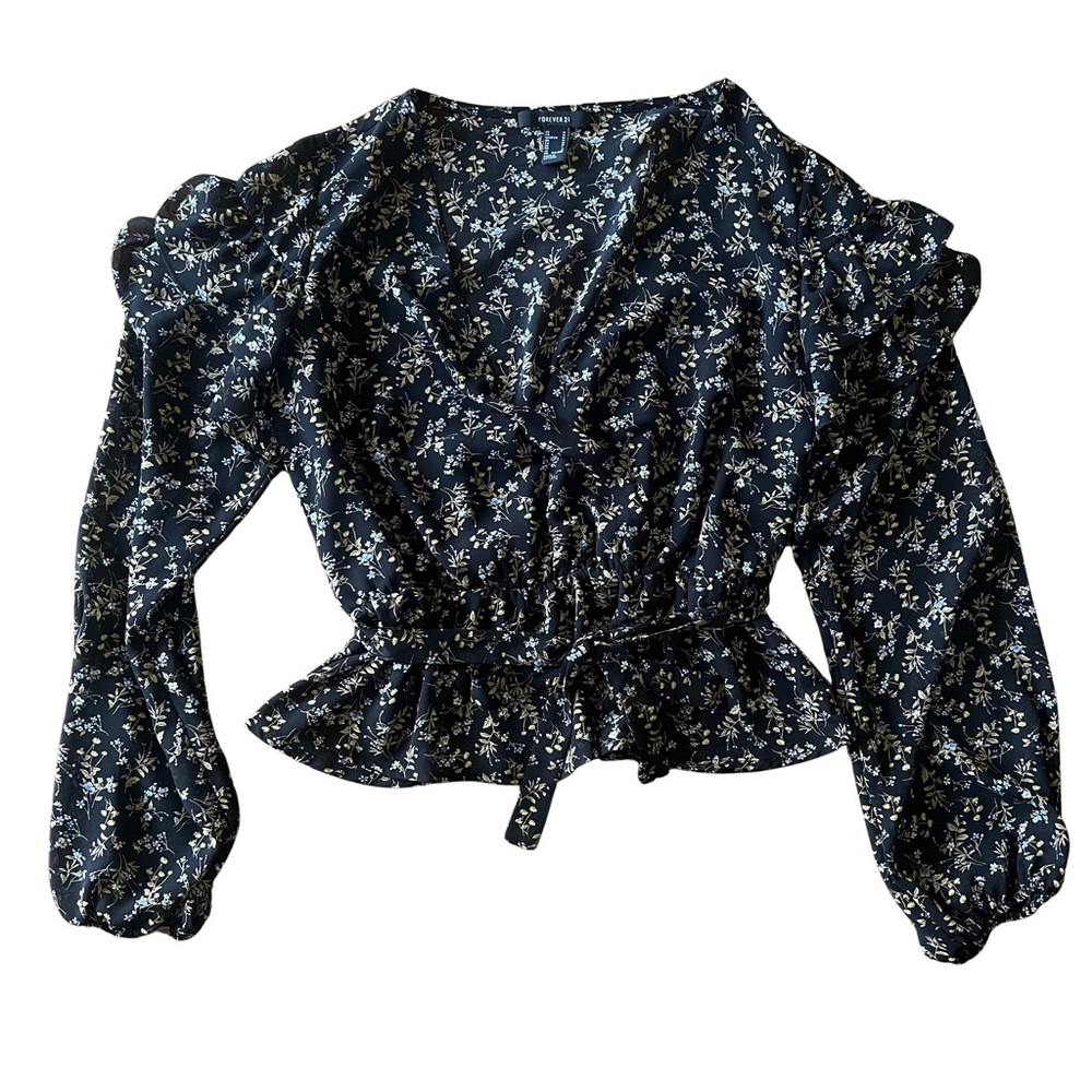 Forever 21 Black Floral Boho Ruffled Wrap Blouse Top Size Medium M